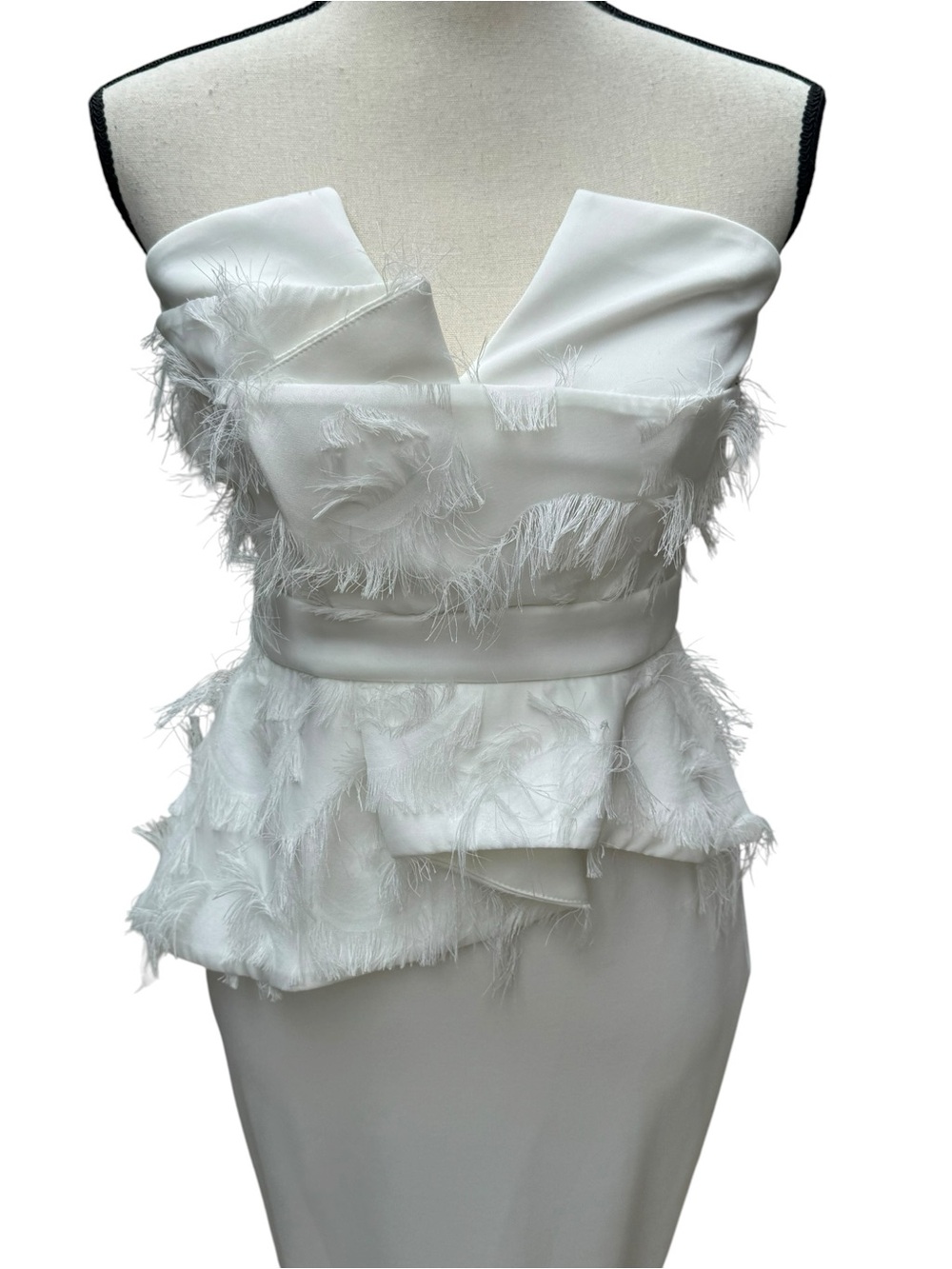 White Strapless Feather Fringe Midi Dress Bridal Shower Bachelorette US 4 - Picture 3 of 7